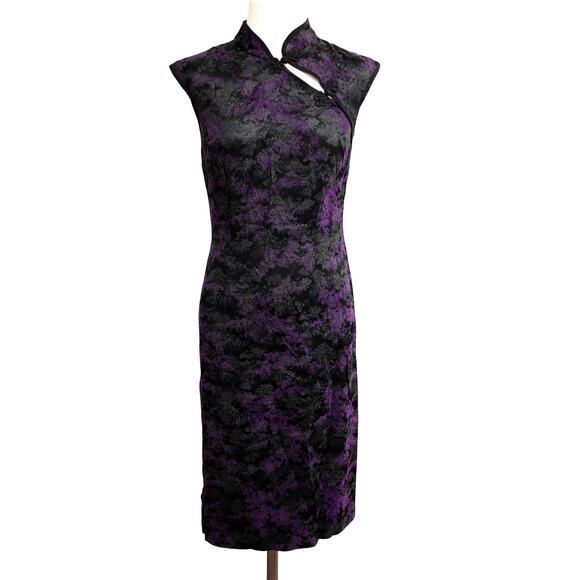 Morbid Threads Black Purple Damask Cheongsam Sheath Dress 90s 1990 Y2K SZ M - Picture 1 of 8